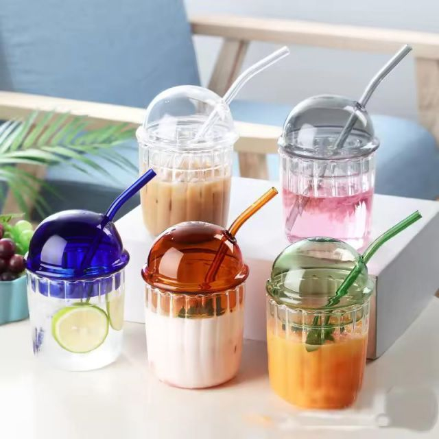 450ml colorful bubble glass coffee milk tea cup with straw