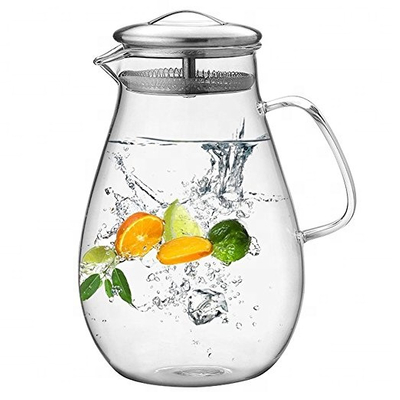 High borosilicate glass water jug with stainless steel lid and handle
