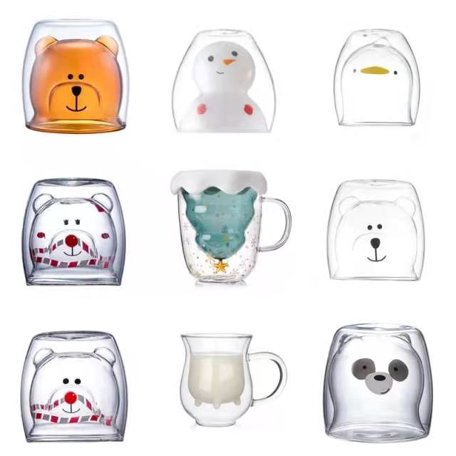 Creative Heat Resistant Borosilicate Double Wall Kids Cartoon Animal Printing Coffee Juice Milk Glass Cup