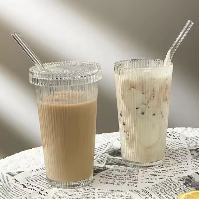 Glass Coffee Cup with Straw And Lid