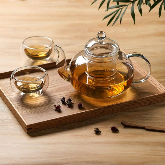 Glass Teapot for Stovetop, Clear Teapot with Removable Infuser 20.3 Ounces, Loose Leaf and Floral Teapot