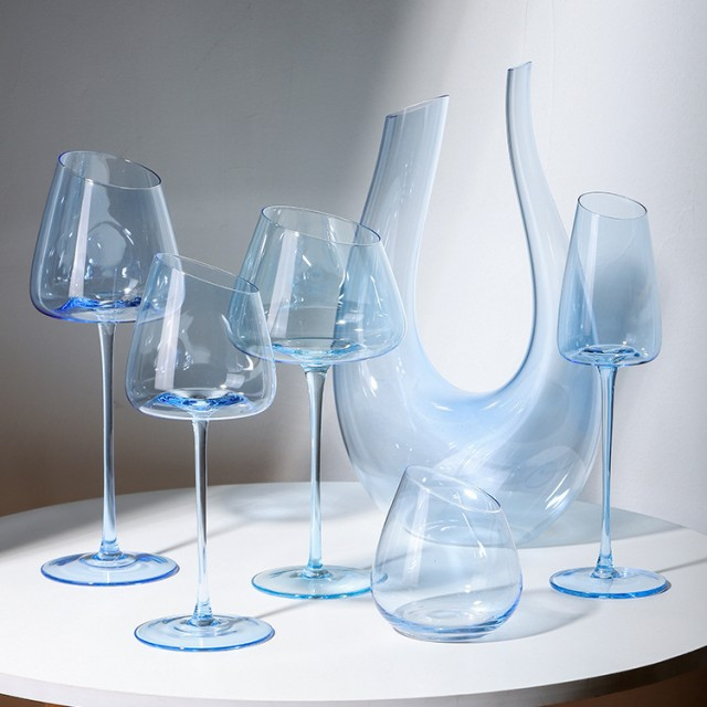 Light blue beveled concave bottom crystal red wine glass champagne glass white wine glass